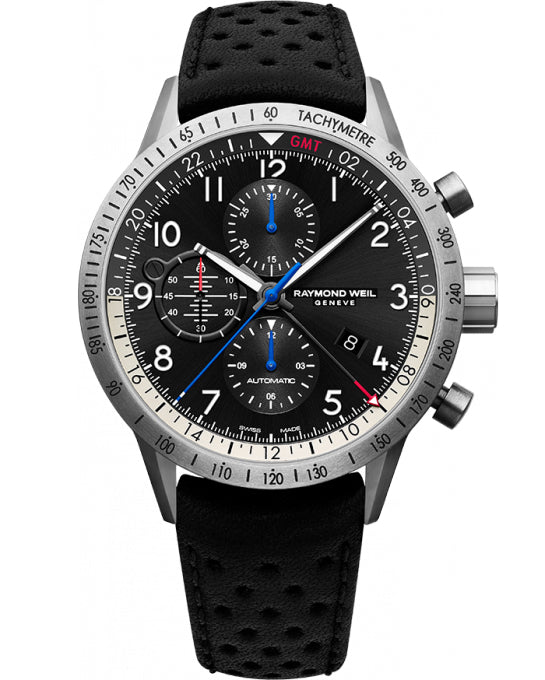 Raymond Weil Freelancer Piper automatic chronograph GMT 45mm titanium black leather strap in partnership with Piper Aircraft 7754-TIC-05209