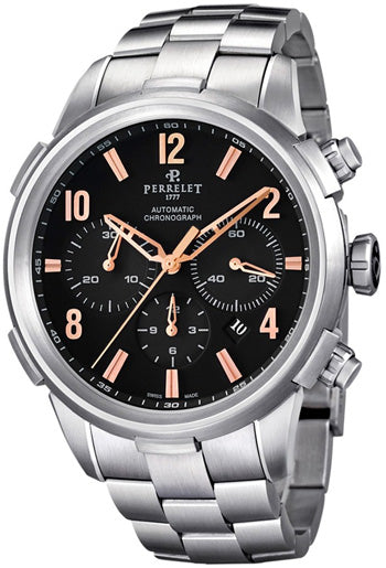 Perrelet Class-T Automatic Chrono Steel Black With Gold Plated Arabic Numerals Dial A1069/C