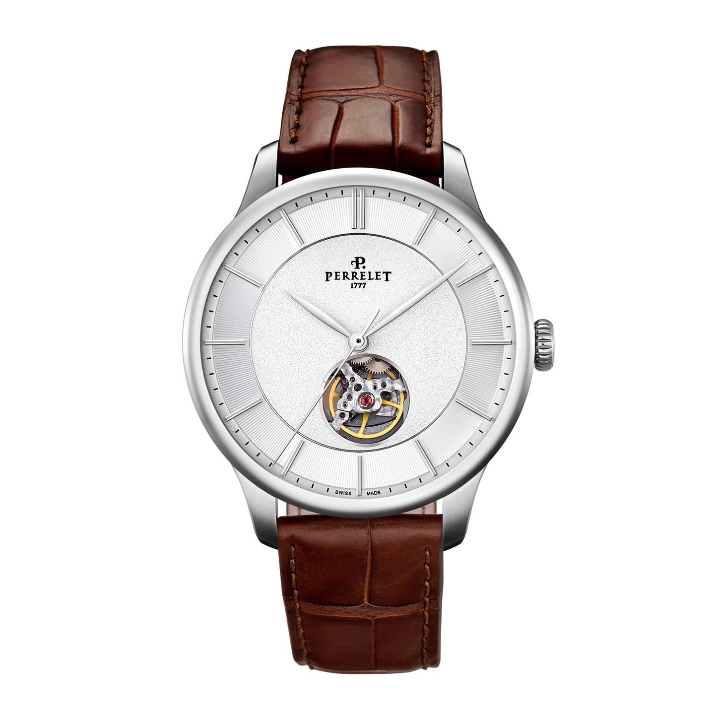 Perrelet First Class Open Heart Automatic Steel Cut-Out White Grained Guilloche Dial A1087/6