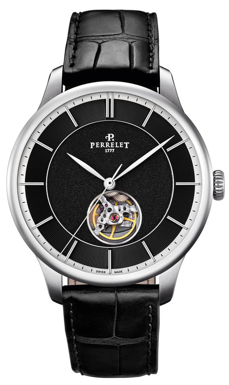 Perrelet First Class Open Heart Automatic Steel Cut-Out Black Grained Guilloche Dial A1087/7