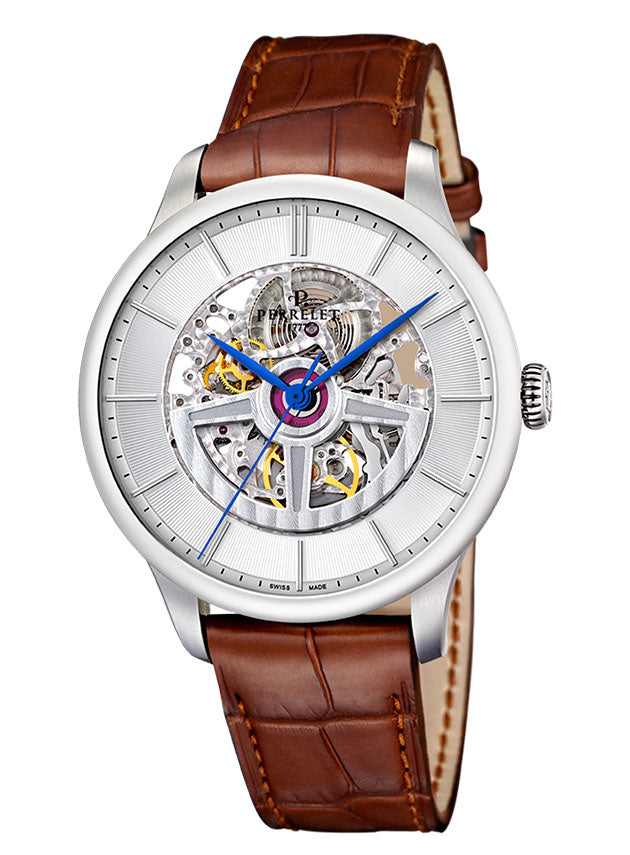 Perrelet First Class Double Rotor Skeleton Automatic Steel Cut-Out White Guilloche Dial A1091/1