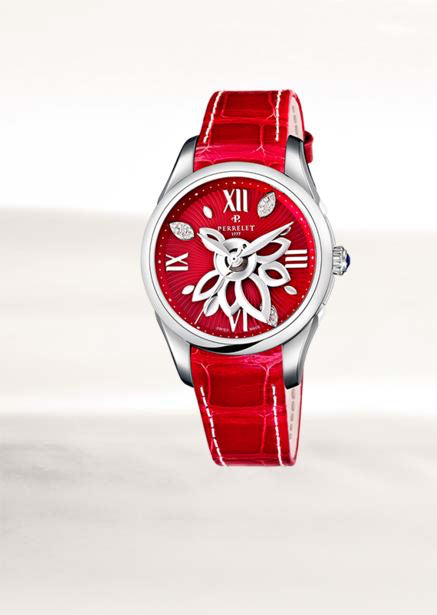 Perrelet Diamond Flower Automatic Steel Red Diamond Dial On Alligator A2065/3