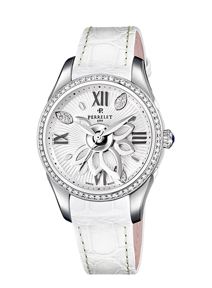 Perrelet Diamond Flower Automatic Steel White Diamond Dial Diamond Bezel On Alligator A2066/1