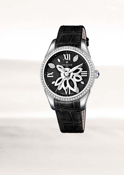 Perrelet Diamond Flower Automatic Steel Black Diamond Dial Diamond Bezel On Alligator A2066/2