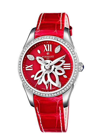 Perrelet Diamond Flower Automatic Steel Red Diamond Dial Diamond Bezel On Alligator A2066/3