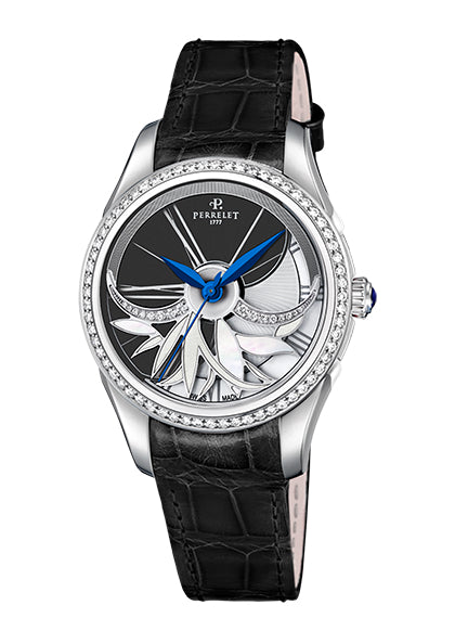 Perrelet Diamond Flower Amytis Automatic Steel Anthacite/White MOP Diamond Dial Diamond Bezel On Alligator A2066/4