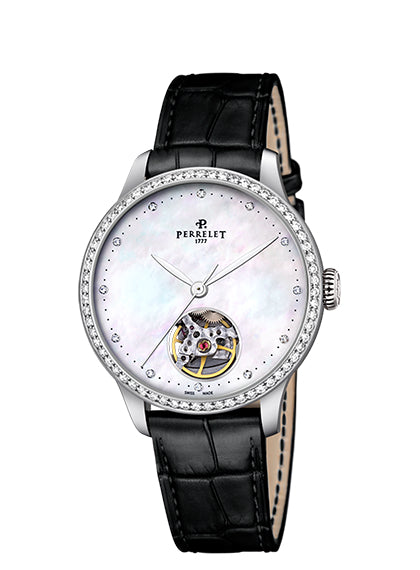 Perrelet First Class Open Heart Automatic Steel Cut-Out White MOP Diamond Dial Diamond Bezel A2069/1