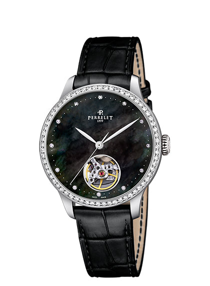 Perrelet First Class Open Heart Automatic Steel Cut-Out Black MOP Diamond Dial Diamond Bezel A2069/2