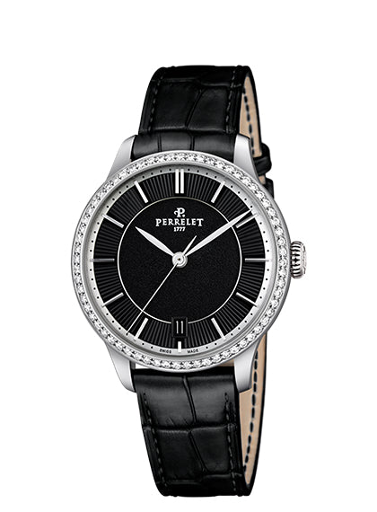 Perrelet First Class Lady Automatic Steel Grained Guilloche Black Diamond Dial A2070/2