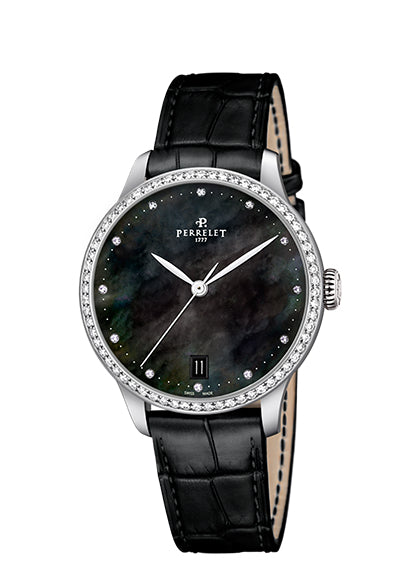 Perrelet First Class Lady Automatic Steel Black MOPDiamond Dial Diamond Bezel A2070/4