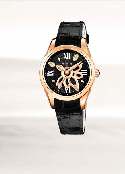 Perrelet Diamond Flower Automatic 18KT Rose Gold Black Diamond Dial On Alligator A3032/2