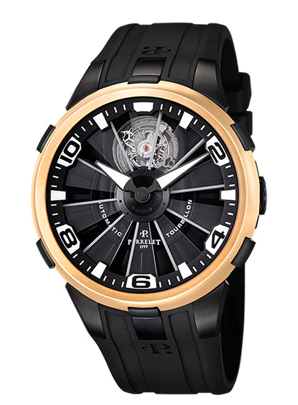 Perrelet Turbillon Steel PVD Black/Rose Gold Transparent Sapphire Turbine Black Dial On Rubber A3037/1