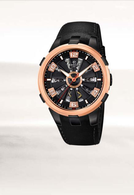 Perrelet Turbine Skeleton Automatic Steel PVD Black Rose Gold On Leather A3038/1A