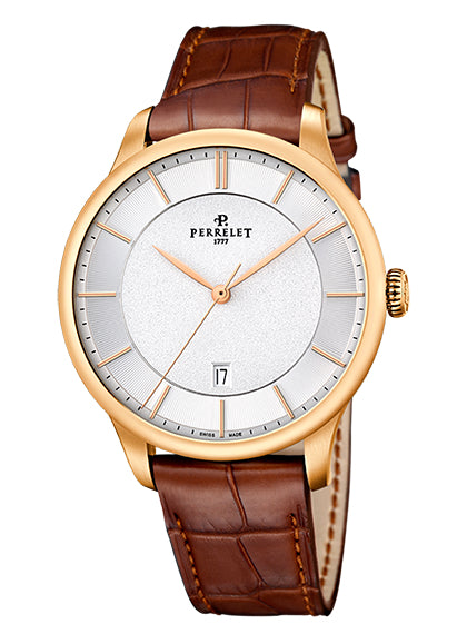 Perrelet First Class Automatic Rose Gold Grained Guilloche White Dial A3044/1