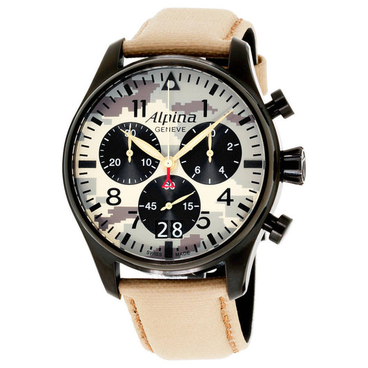 ALPINA Startimer Pilot Quartz Chrono PVD Black-Beige On Strap Men's Watch AL-372MLY4FBS6