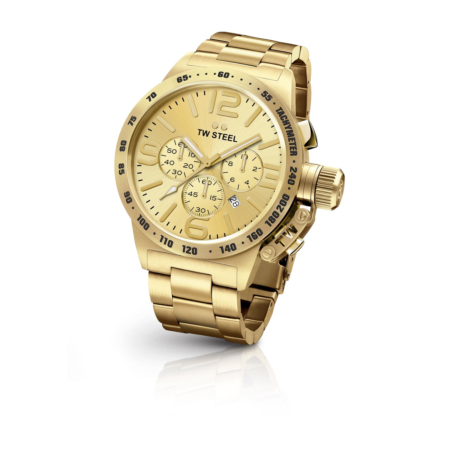 TW Steel Canteen 50mm Steel PVD Yellow Gold Plated Chronograph Sunray Gold On Bracelet CB104