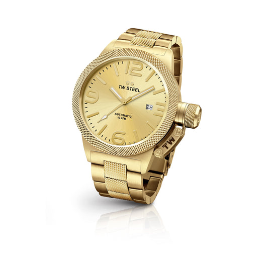 TW Steel Canteen 45mm Steel PVD Yellow Gold Plated Automatic Sunray Gold On Bracelet CB105