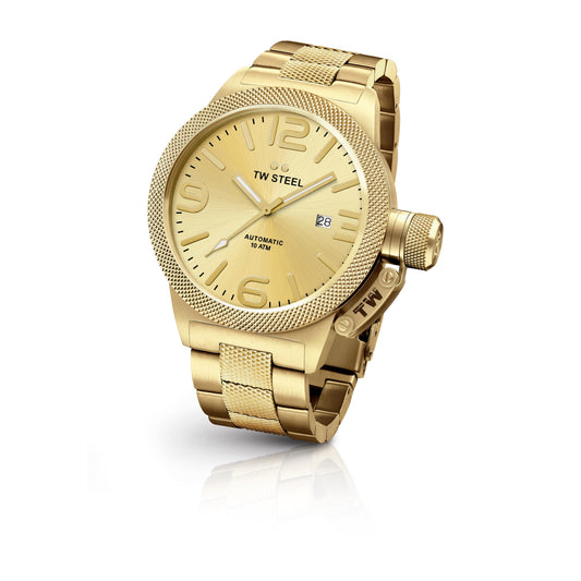 TW Steel Canteen 50mm Steel PVD Yellow Gold Plated Automatic Sunray Gold On Bracelet CB106