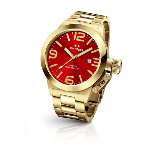 TW Steel Canteen 50mm Steel PVD Yellow Gold Plated Sunray Red On Bracelet CB112