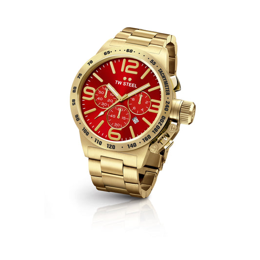 TW Steel Canteen 45mm Steel PVD Yellow Gold Plated Chronograph Sunray Red On Bracelet CB113