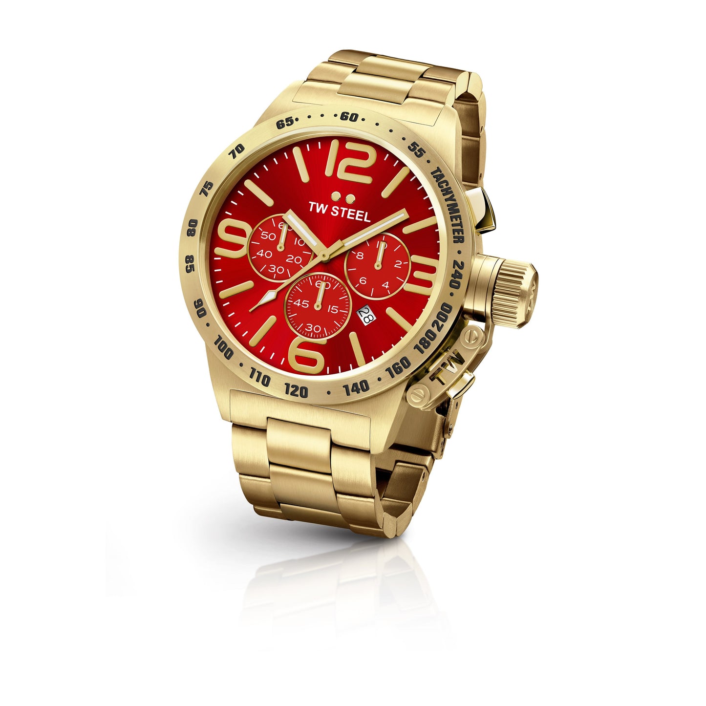 TW Steel Canteen 50mm Steel PVD Yellow Gold Plated Chronograph Sunray Red On Bracelet CB114