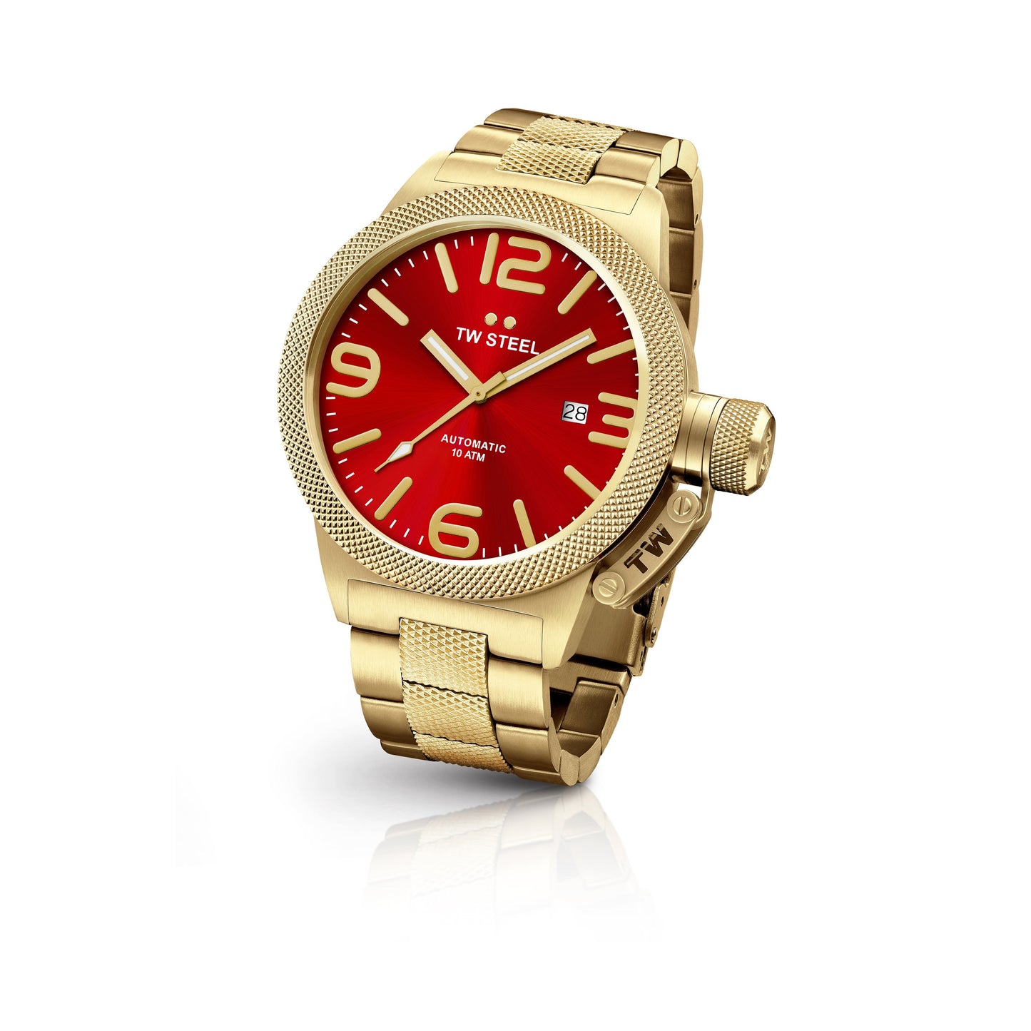 TW Steel Canteen 45mm Steel PVD Yellow Gold Plated Automatic Sunray Red Dial On Bracelet CB115