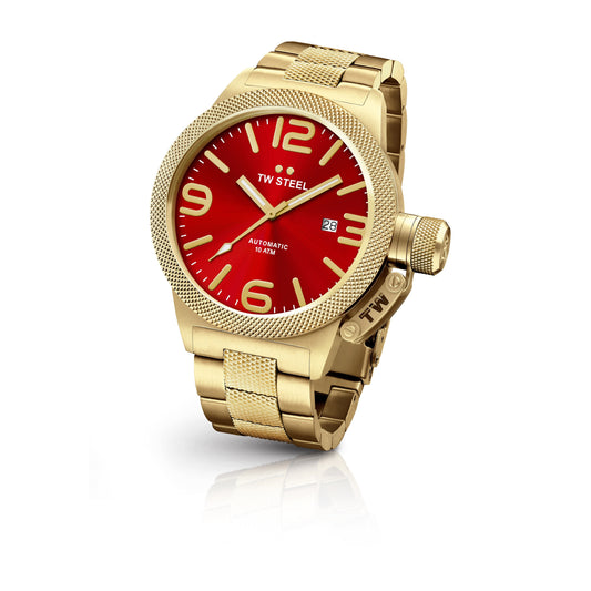 TW Steel Canteen 50mm Steel PVD Yellow Gold Plated Automatic Sunray Red On Bracelet CB116