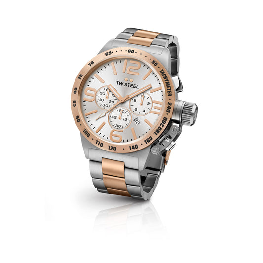 TW Steel Canteen 45mm Steel PVD Rose Gold Plated Chronograph Sunray Silver On Bracelet CB123