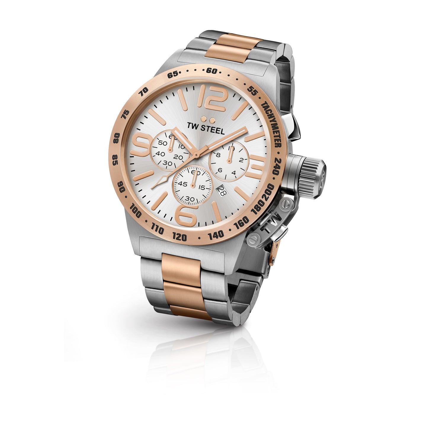 TW Steel Canteen 50mm Steel PVD Rose Gold Plated Chronograph Sunray Silver On Bracelet CB124