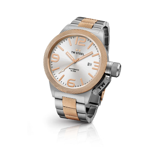 TW Steel Canteen 45mm Steel PVD Rose Gold Plated Automatic Sunray Silver On Bracelet CB125