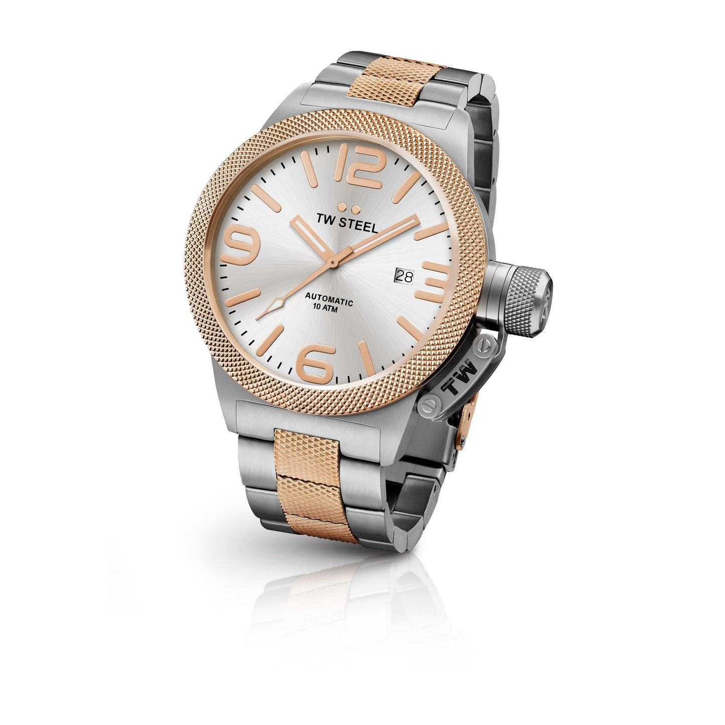 TW Steel Canteen 50mm Steel PVD Rose Gold Plated Automatic Sunray Silver On Bracelet CB126