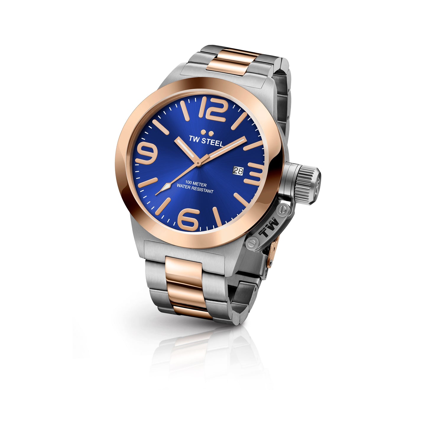 TW Steel Canteen 45mm Steel PVD Rose Gold Plated Sunray Blue On Bracelet CB141