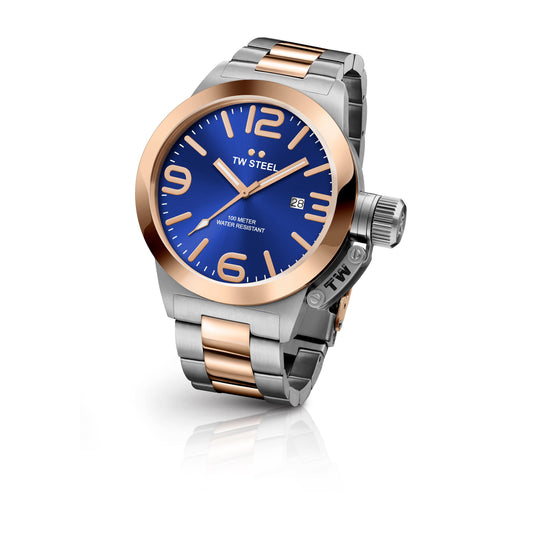 TW Steel Canteen 50mm Steel PVD Rose Gold Plated Sunray Blue On Bracelet CB142