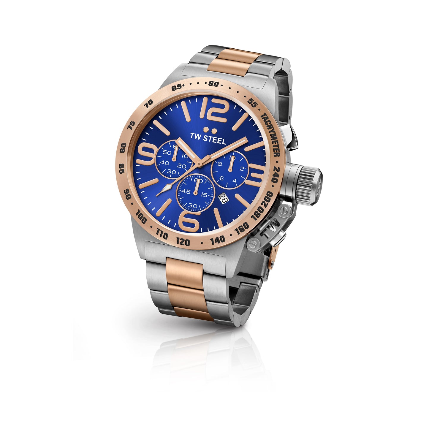 TW Steel Canteen 45mm Steel PVD Rose Gold Plated Chronograph Sunray Blue On Bracelet CB143