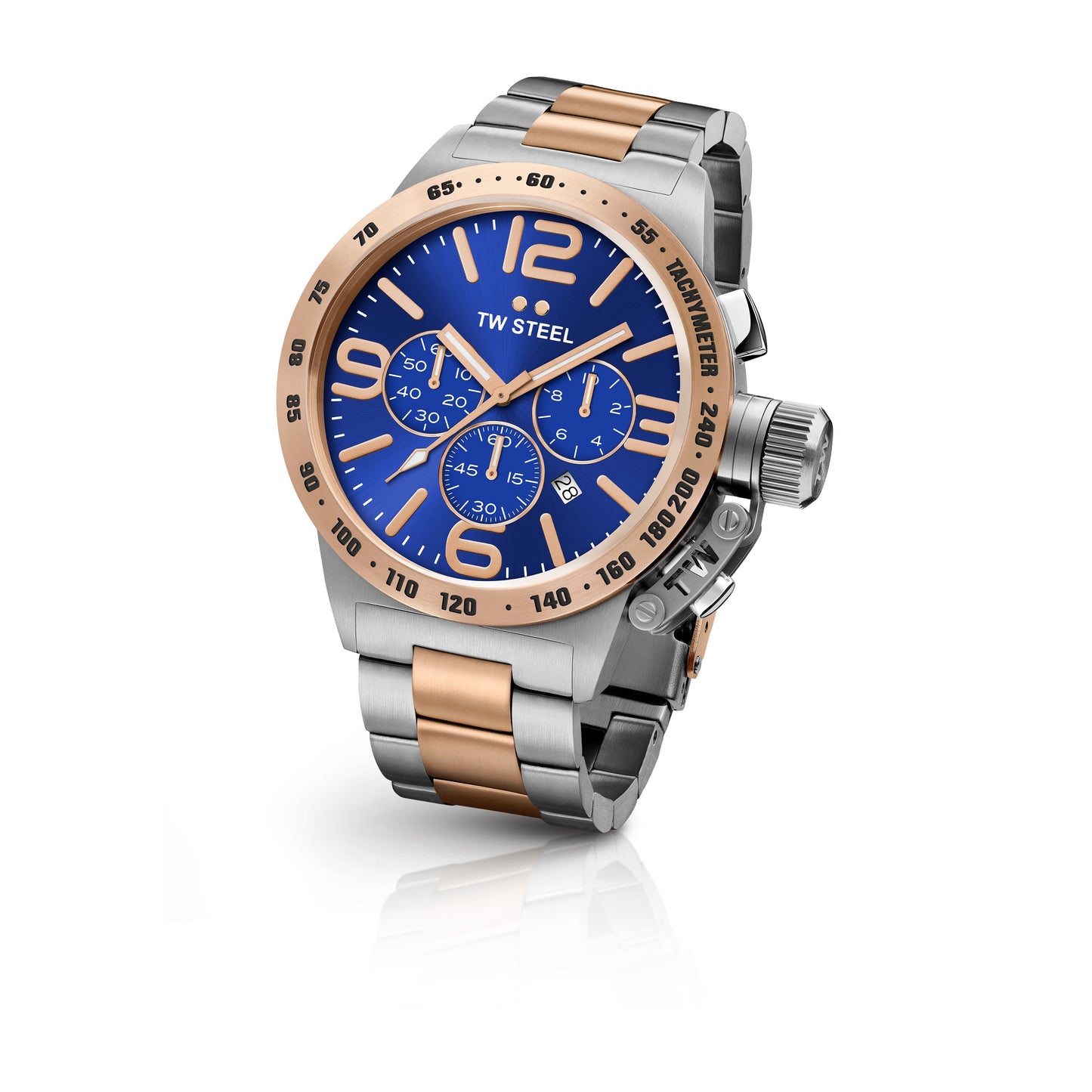 TW Steel Canteen 50mm Steel PVD Rose Gold Plated Chronograph Sunray Blue On Bracelet CB144