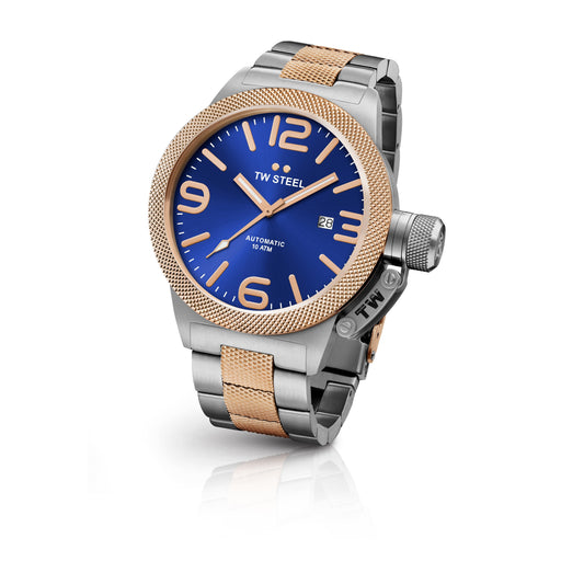 TW Steel Canteen 50mm Steel PVD Rose Gold Plated Automatic Sunray Blue On Bracelet CB146