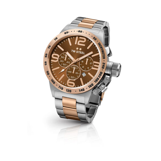 TW Steel Canteen 45mm Steel PVD Rose Gold Plated Chronograph Sunray Brown On Bracelet CB153