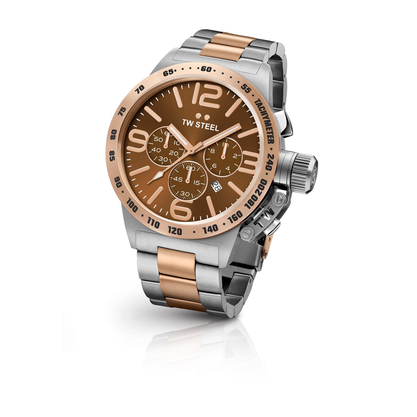 TW Steel Canteen 50mm Steel PVD Rose Gold Plated Chronograph Sunray Brown On Bracelet CB154