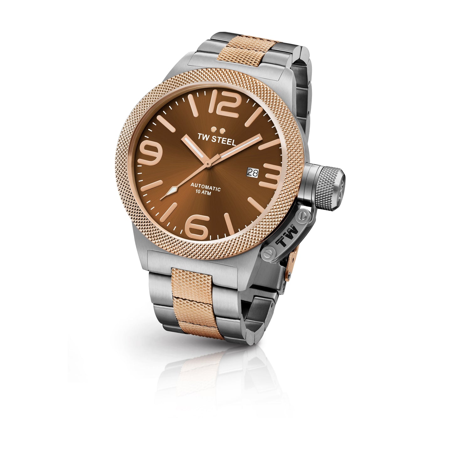 TW Steel Canteen 50mm Steel PVD Rose Gold Plated Automatic Sunray Brown On Bracelet CB156