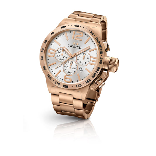 TW Steel Canteen 50mm Steel PVD Rose Gold Plated Chronograph Sunray Silver On Bracelet CB164