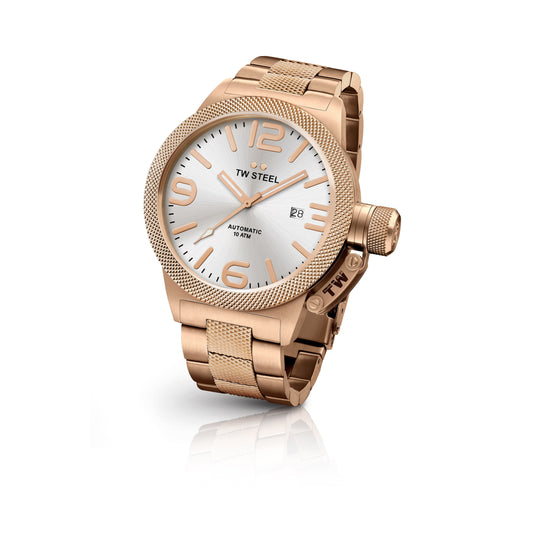 TW Steel Canteen 45mm Steel PVD Rose Gold Plated Automatic Sunray Silver On Bracelet CB165