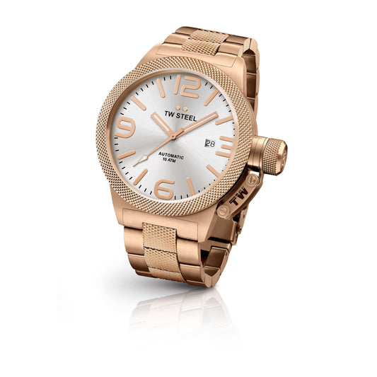 TW Steel Canteen 50mm Steel PVD Rose Gold Plated Automatic Sunray Silver On Bracelet CB166