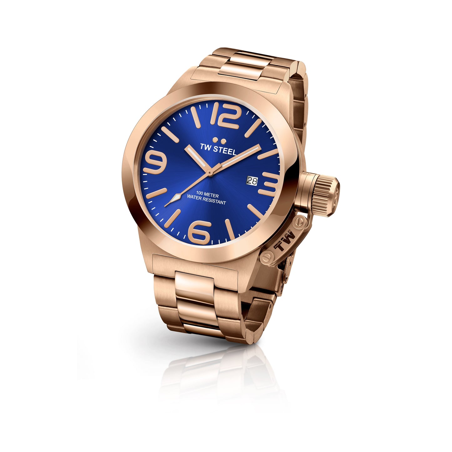 TW Steel Canteen 45mm Steel PVD Rose Gold Plated Sunray Blue On Bracelet CB181