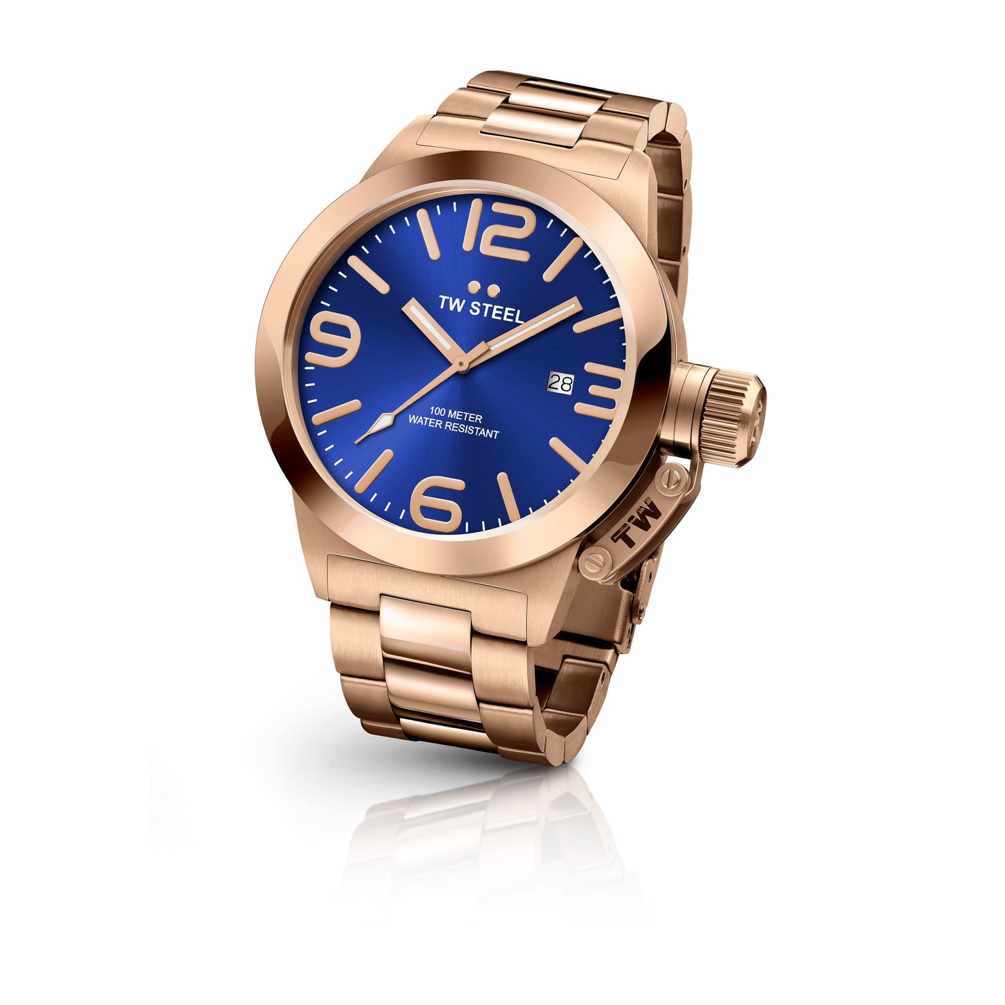 TW Steel Canteen 50mm Steel PVD Rose Gold Plated Sunray Blue On Bracelet CB182