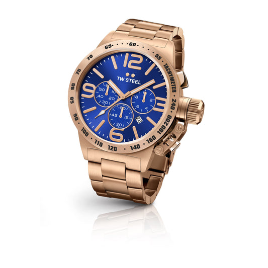 TW Steel Canteen 50mm Steel PVD Rose Gold Plated Chronograph Sunray Blue On Bracelet CB184