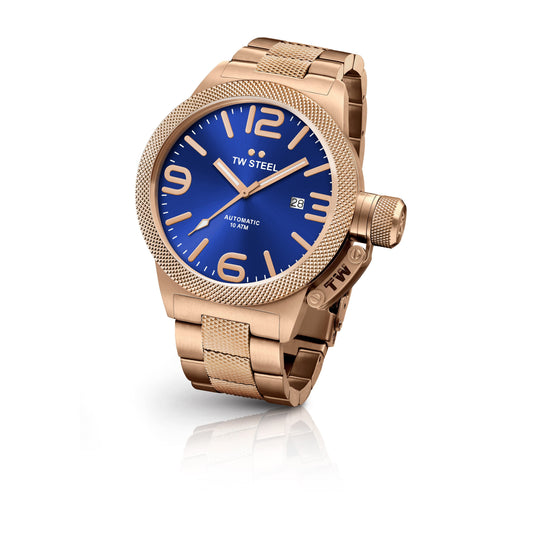 TW Steel Canteen 50mm Steel PVD Rose Gold Plated Automatic Sunray Blue On Bracelet CB186