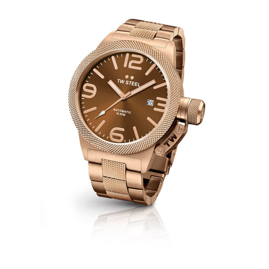 TW Steel Canteen 50mm Steel PVD Rose Gold Plated Automatic Sunray Brown On Bracelet CB196