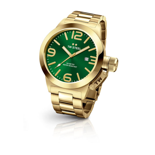 TW Steel Canteen 50mm Steel PVD Yellow Gold Plated Sunray Green On Bracelet CB222