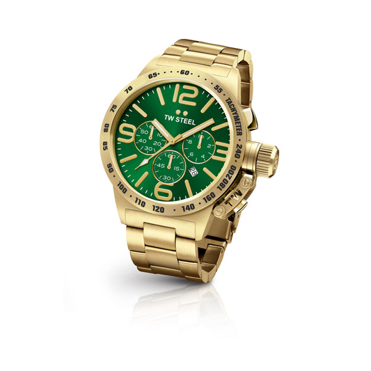 TW Steel Canteen 45mm Steel PVD Yellow Gold Plated Chronograph Sunray Green On Bracelet CB223