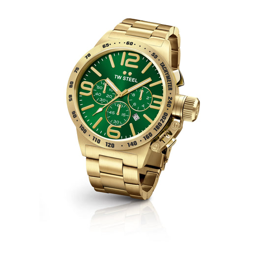 TW Steel Canteen 50mm Steel PVD Yellow Gold Plated Chronograph Sunray Green On Bracelet CB224